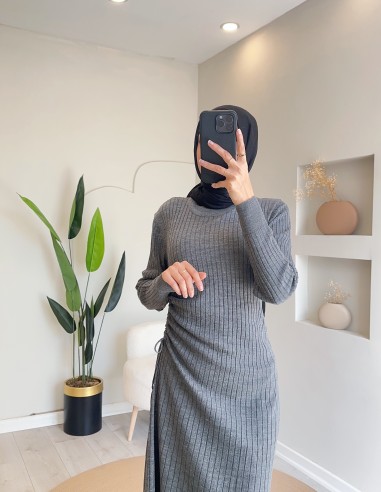 24870 büzgü detaylı triko elbise - gri