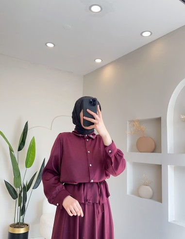 7028 broş detaylı etekli takım -bordo