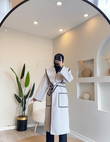 50708 şal yaka nakışlı kaşe kaban gri