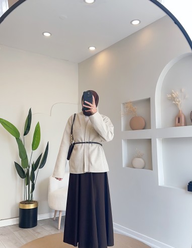 HK25141 kontrast deri kemerli ceket taş