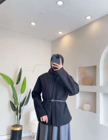 HK25141 kontrast deri kemerli ceket t...