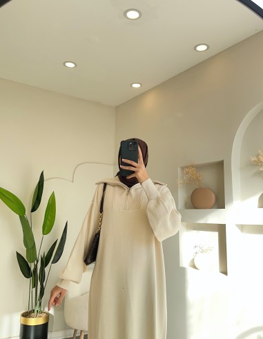 2828 fermuar detaylı triko elbise krem