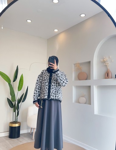 8660 kısa leopar hırka gri