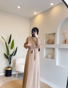 9017 kuşaklı triko elbise bej