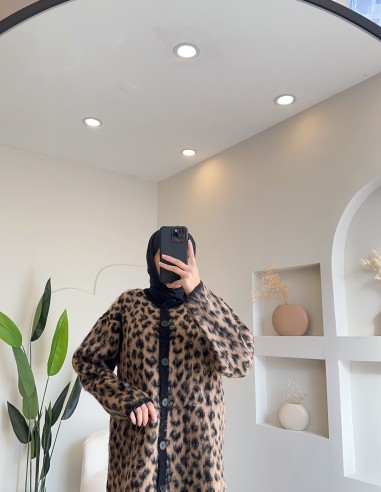 8676 uzun leopar hırka kahve