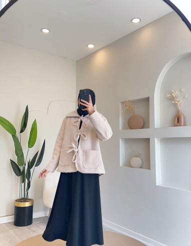 KB7052 bağcıklı keçe ceket- taş