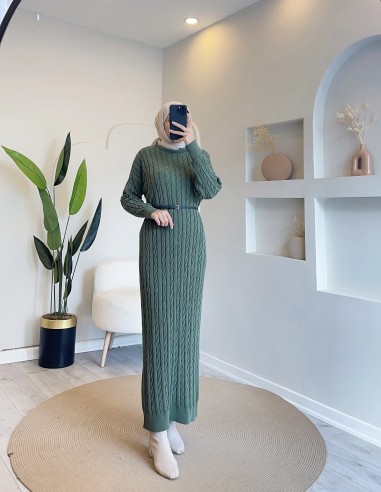 80127 kalın örgülü triko elbise - yeşil