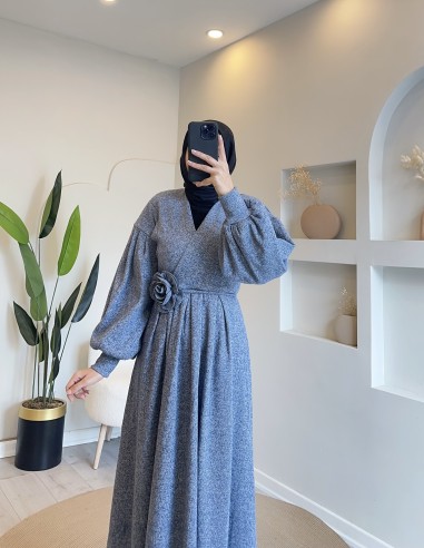K1816 gül kemerli örme elbise - gri