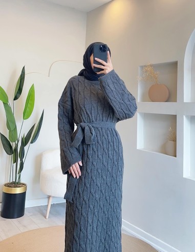 HK25134 saç örgü motifli triko elbise...