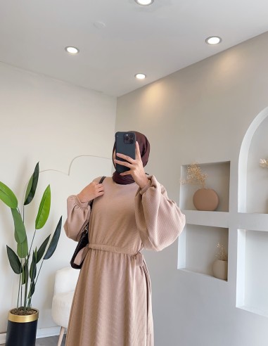 803 Yanlardan Bağcıklı Elbise Camel