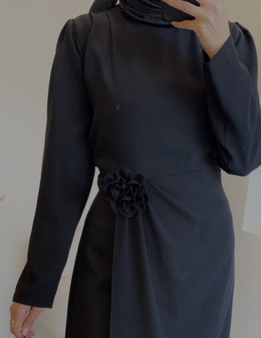 2126 gül detay romantik elbise- siyah