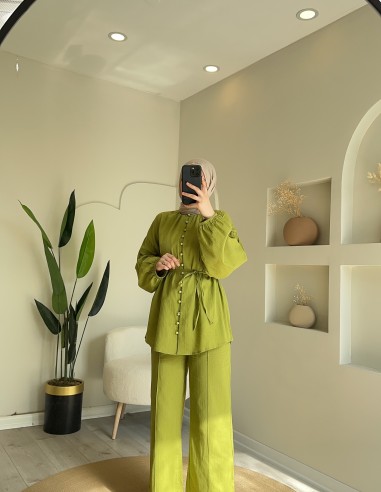 2525 Düğmeli keten pantolon takım yeşil