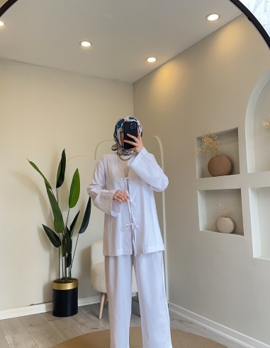 Hy24726 Pantolonlu Keten Takım Beyaz