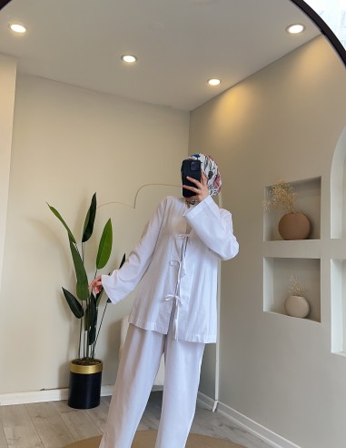 Hy24726 Pantolonlu Keten Takım Beyaz