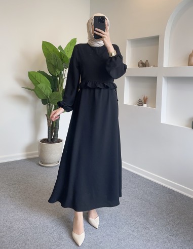 9174 crop bağlamalı lavre elbise - Siyah