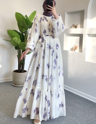 6419 batik Çiçek tam boy elbise - lila