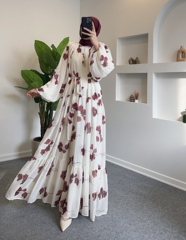 6419 batik Çiçek tam boy elbise - Bordo