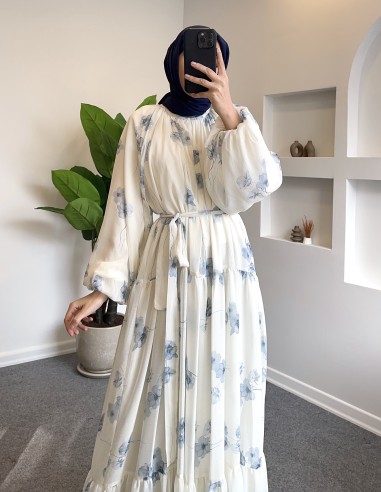 6419 batik Çiçek tam boy elbise - Mavi