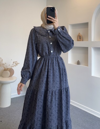 2458 bebe yaka düğmeli elbise - füme