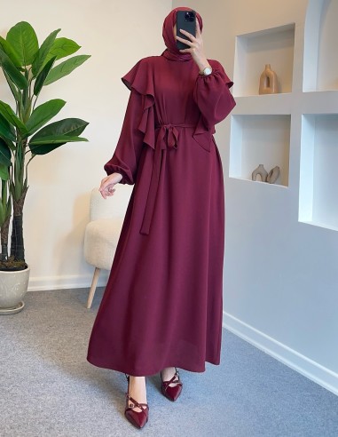 0040 omuz fırfır detay elbise - bordo