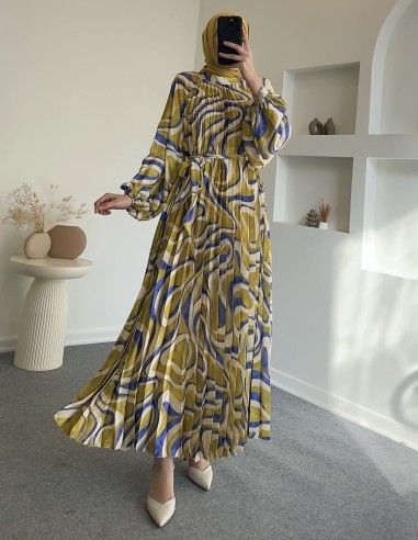 31006 saten pliseli nova elbise - sarı