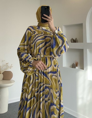 31006 saten pliseli nova elbise - sarı