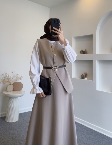 7041 sean düğmeli yelekli takım - Bej