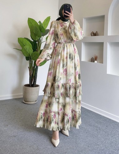 5510  şifon desenli elbise - yeşil