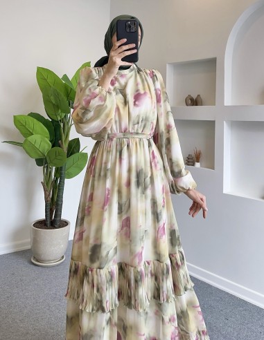 5510  şifon desenli elbise - yeşil