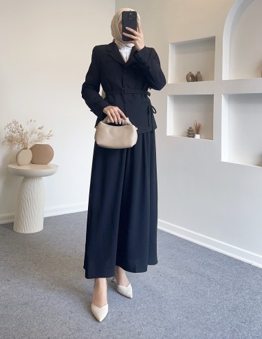 318 gül detay blazer etekli takım- siyah