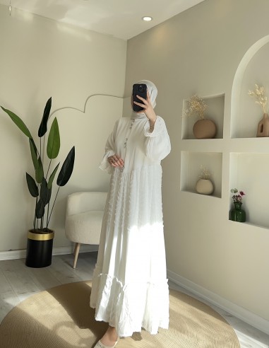 8045 Taş Düğmeli Alaçatı Elbise Beyaz