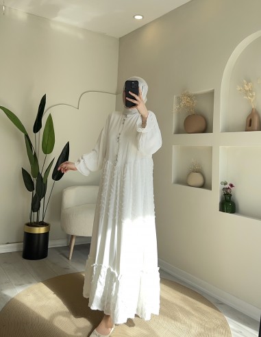 8045 Taş Düğmeli Alaçatı Elbise Beyaz