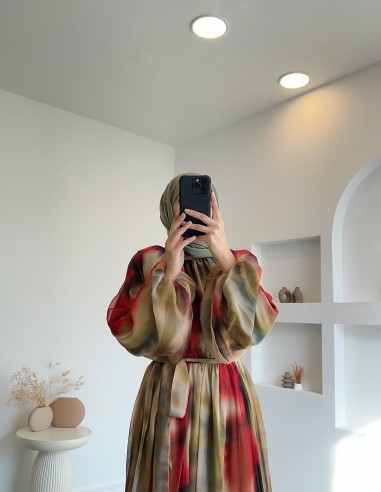 2863 fırça desen şifon elbise - kiremit