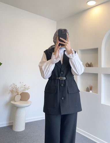 2471 kemer detay yelekli takım - siyah