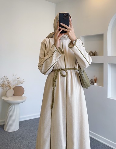 61495 astarlı şerit detay elbise - yeşil