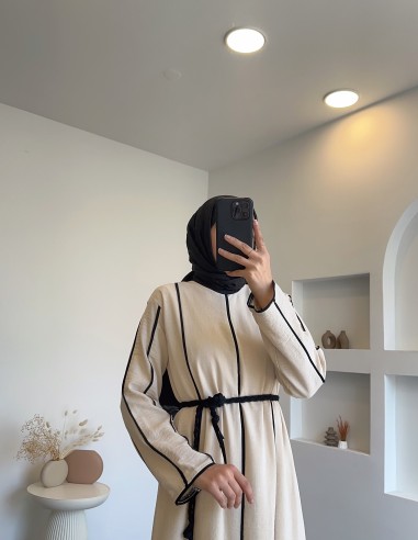 61495 astarlı şerit detay elbise - Siyah