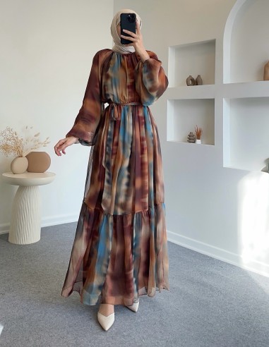 2863 fırça desen şifon elbise -...