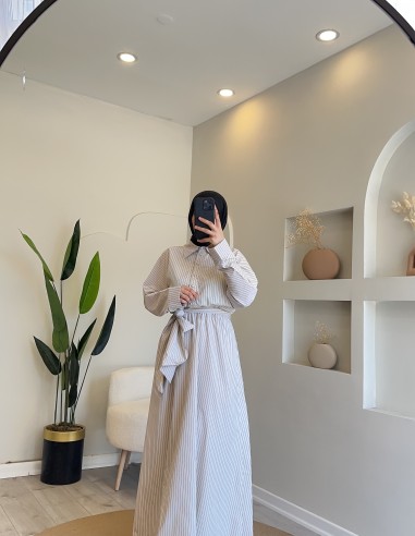 Hy24661 Kemer Detaylı Çizgili Poplin...