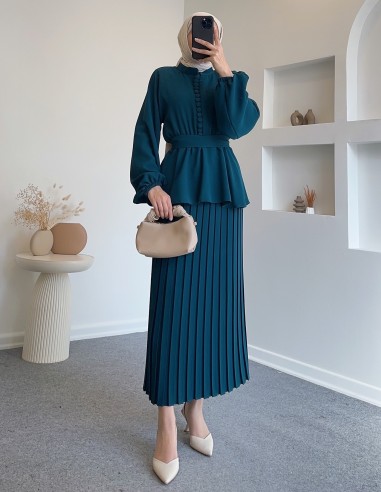 2473 düğmeli kuşaklı etek takım -...