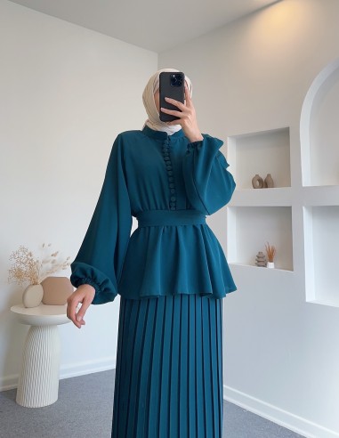 2473 düğmeli kuşaklı etek takım -...