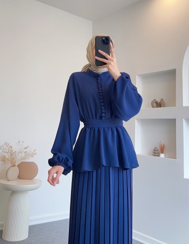 2473 düğmeli kuşaklı etek takım -...