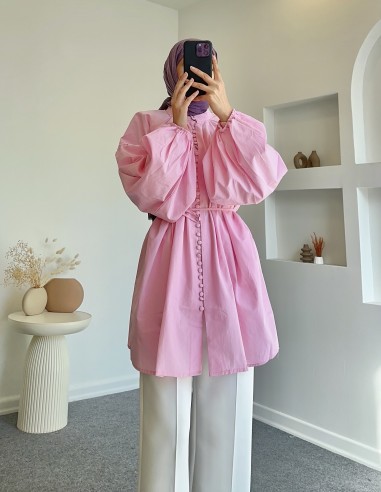 HY24311 düğmeli poplin gömlek - Pembe