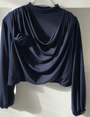 8928 çiçekli degaje yaka bluz  -Lacivert