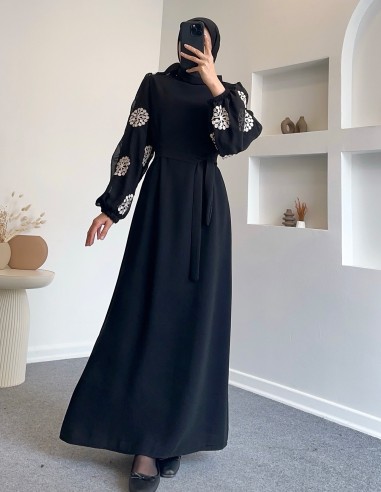 1068 Kar Kol Nakışlı Balon Kol Elbise