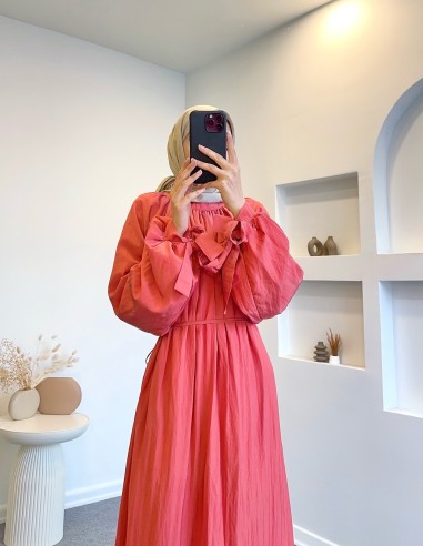 9148 kolları bağcıklı elbise - mercan