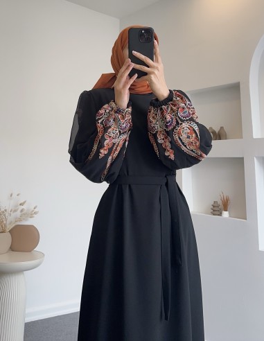 1068 karkol nakışlı kol elbise - turuncu