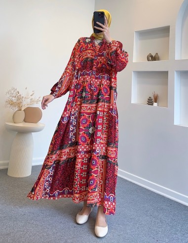 25Y9145 etnik desen elbise - turuncu