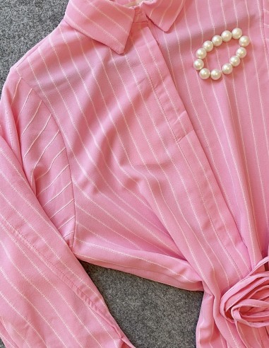 7774 çizgili kuşaklı tunik - Pembe