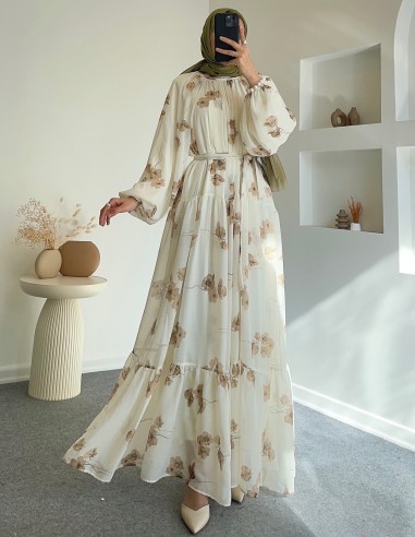 6419 batik Çiçek tam boy elbise - Bej