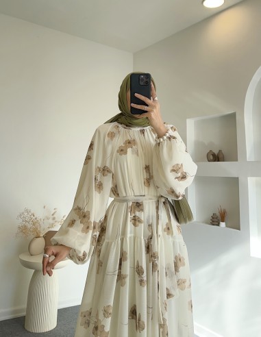 6419 batik Çiçek tam boy elbise - Bej